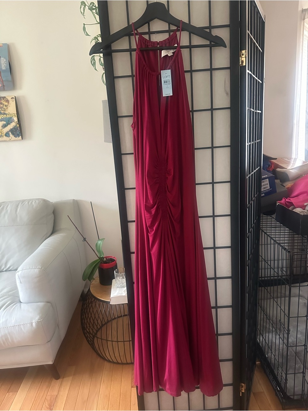 NWT- LOFT Burgundy Solid Halter Maxi Dress Long Sleeveless Ruched.  Petite 6P